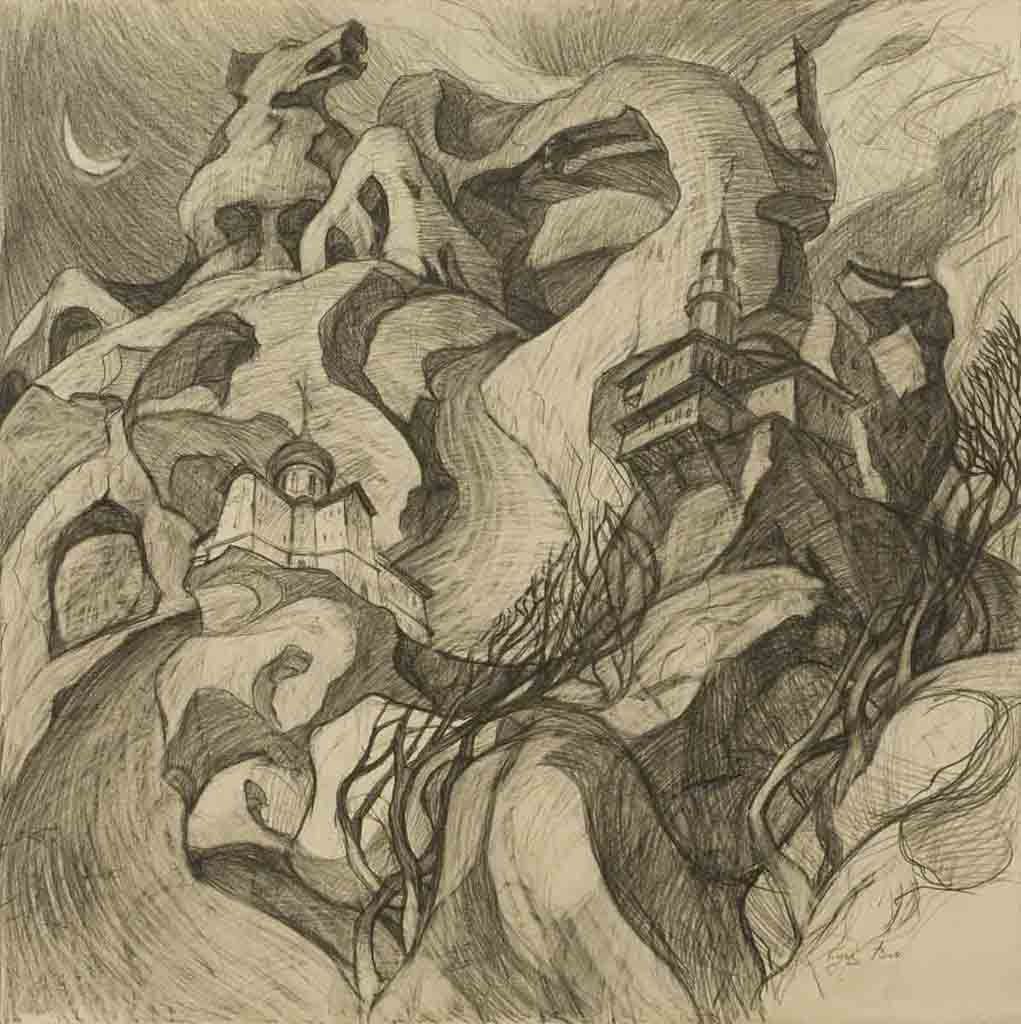 Sketch to the project  Cimmerian shores. Paper. Pencil. Year: 1997.
