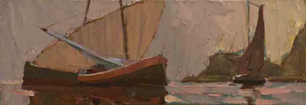 Evening longboats. Canvas, oil.  Size: 28х80. Year: 2005